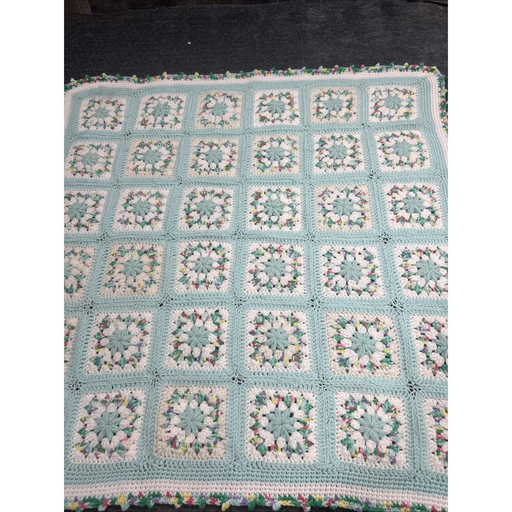 Handmade Crochet Baby Blanket Granny Square Mint Green Fabric Mee Maw 38 X 38